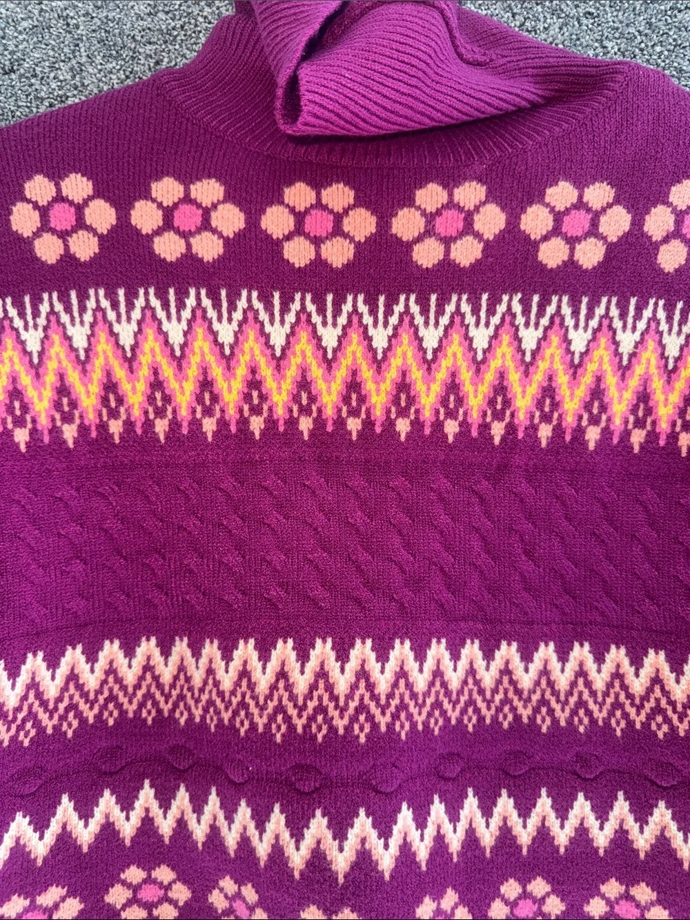 Turtleneck Cable-Knit Sweater Vest in Purple with Pink Accents